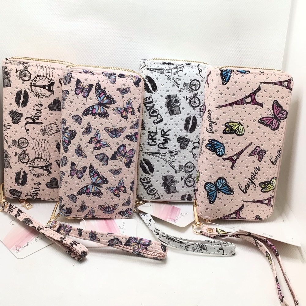 Blush Kiss Glitter Paris Eiffel Tower Butterfly Print Wristlet Wallet
